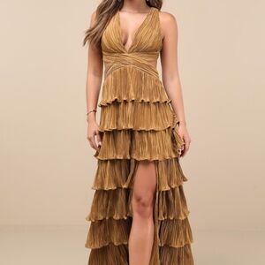 Lulus Beauty Icon Gold Satin Pleated Tiered Lace-up Maxi Dress - Size S